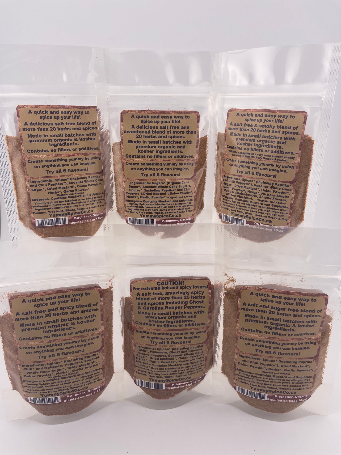 Yummy on Everything Organic/Kosher Salt Free 6 Flavour Sample Pack- Back of packages