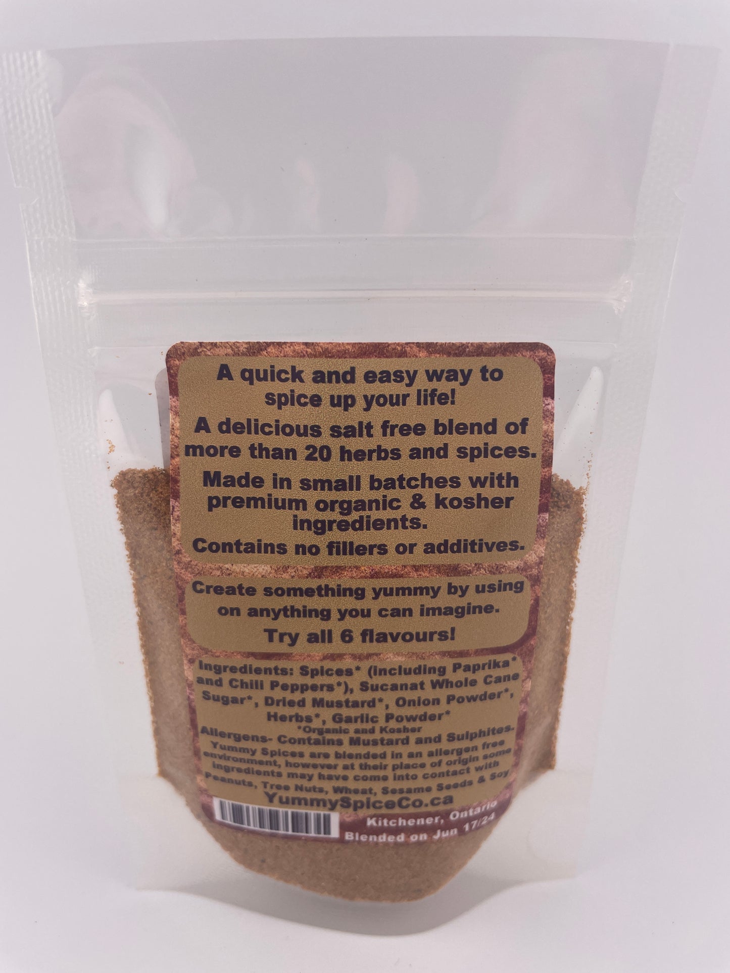 Yummy on Everything Organic/Kosher Salt Free Original Flavour Sample Size Bag 25g - back of package