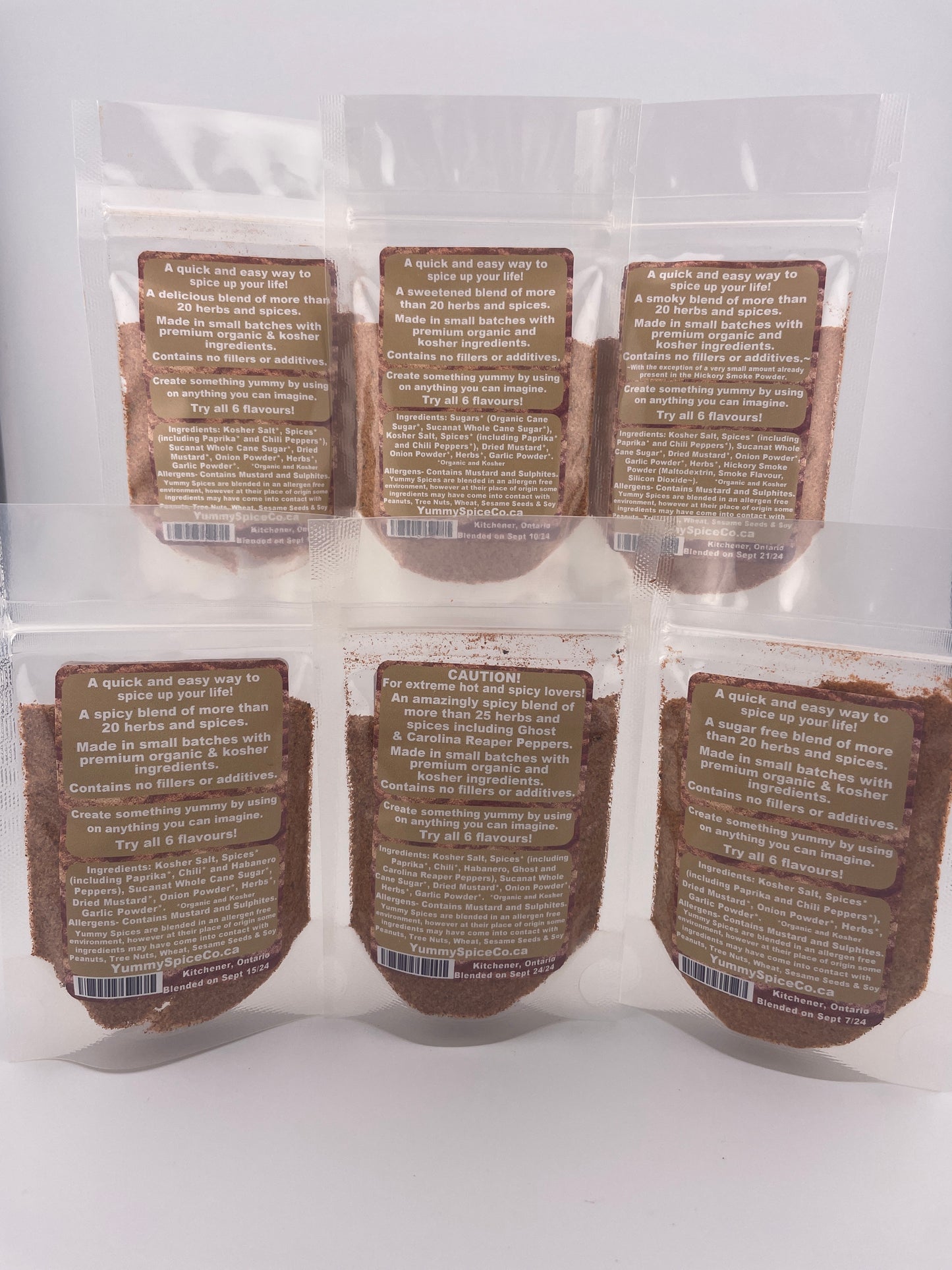 Yummy on Everything Organic/Kosher 6 Flavour Sample Pack - Back of packages