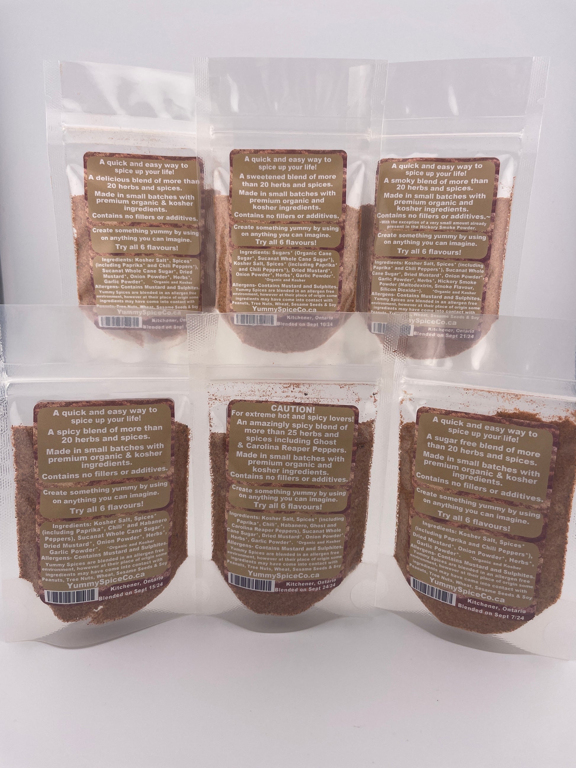 Yummy on Everything Organic/Kosher 6 Flavour Sample Pack - Back of packages
