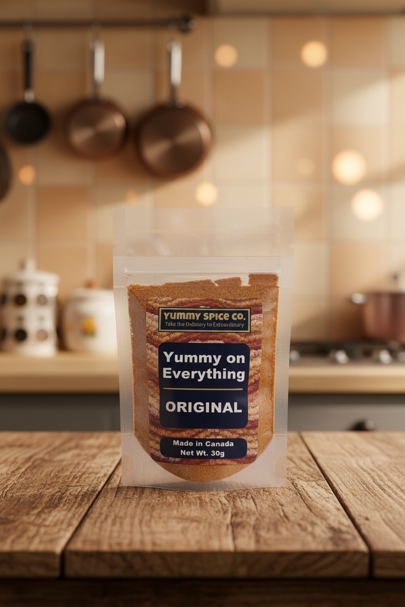 A clear plastic package labeled 'Yummy on Everything - ORIGINAL' by Yummy Spice Co., containing a brown seasoning mix, and stating it is a 30g sample bag.